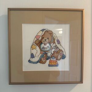 Gold Framed/Glass Handmade Cross Stitch Teddy Bear with Blanket - Pastel Colors